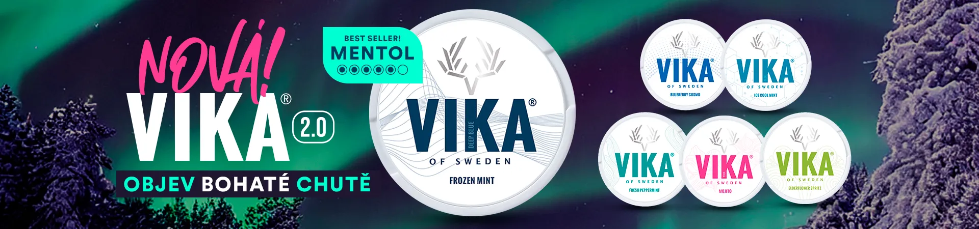 VIKA 2.0 nikotinové sáčky – mentol, blueberry, fresh mint